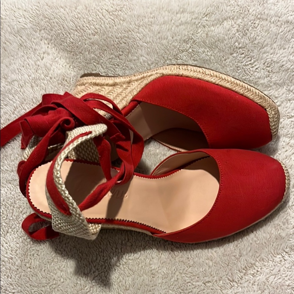 Vibrant Red Canvas Wedge Shoes with Ankle Tie